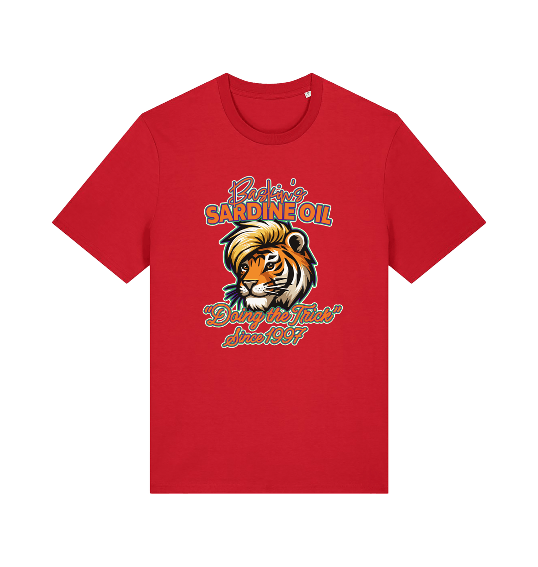 Red funny t-shirt with a graphic of a tiger inspired by the tiger king