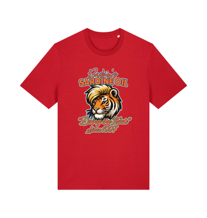 Red funny t-shirt with a graphic of a tiger inspired by the tiger king
