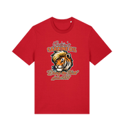 Red funny t-shirt with a graphic of a tiger inspired by the tiger king