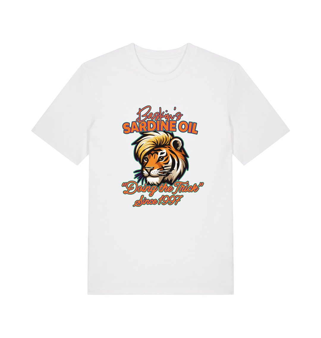 White funny t-shirt with a graphic of a tiger inspired by the tiger king