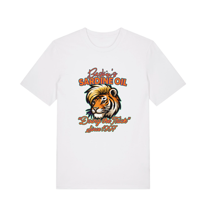 White funny t-shirt with a graphic of a tiger inspired by the tiger king