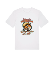 White funny t-shirt with a graphic of a tiger inspired by the tiger king