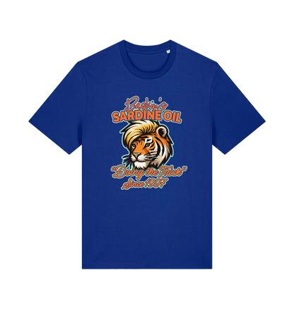 Worker blue funny t-shirt with a graphic of a tiger inspired by the tiger king