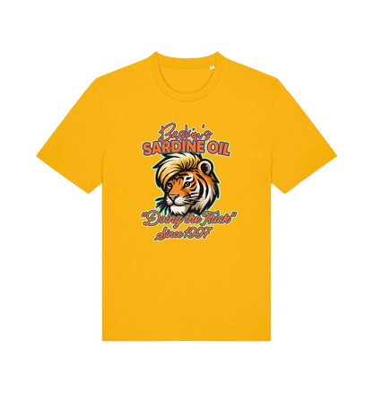 Yellow funny t-shirt with a graphic of a tiger inspired by the tiger king