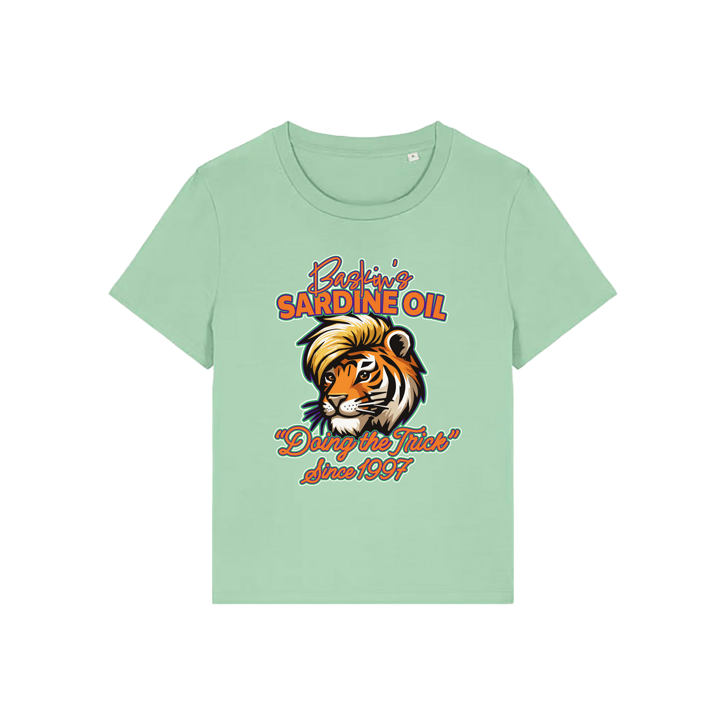 green funny graphic t-shirt inspired by the docu series tiger king featuring the graphic of a iger and the slogan 'baskins sardine oil'