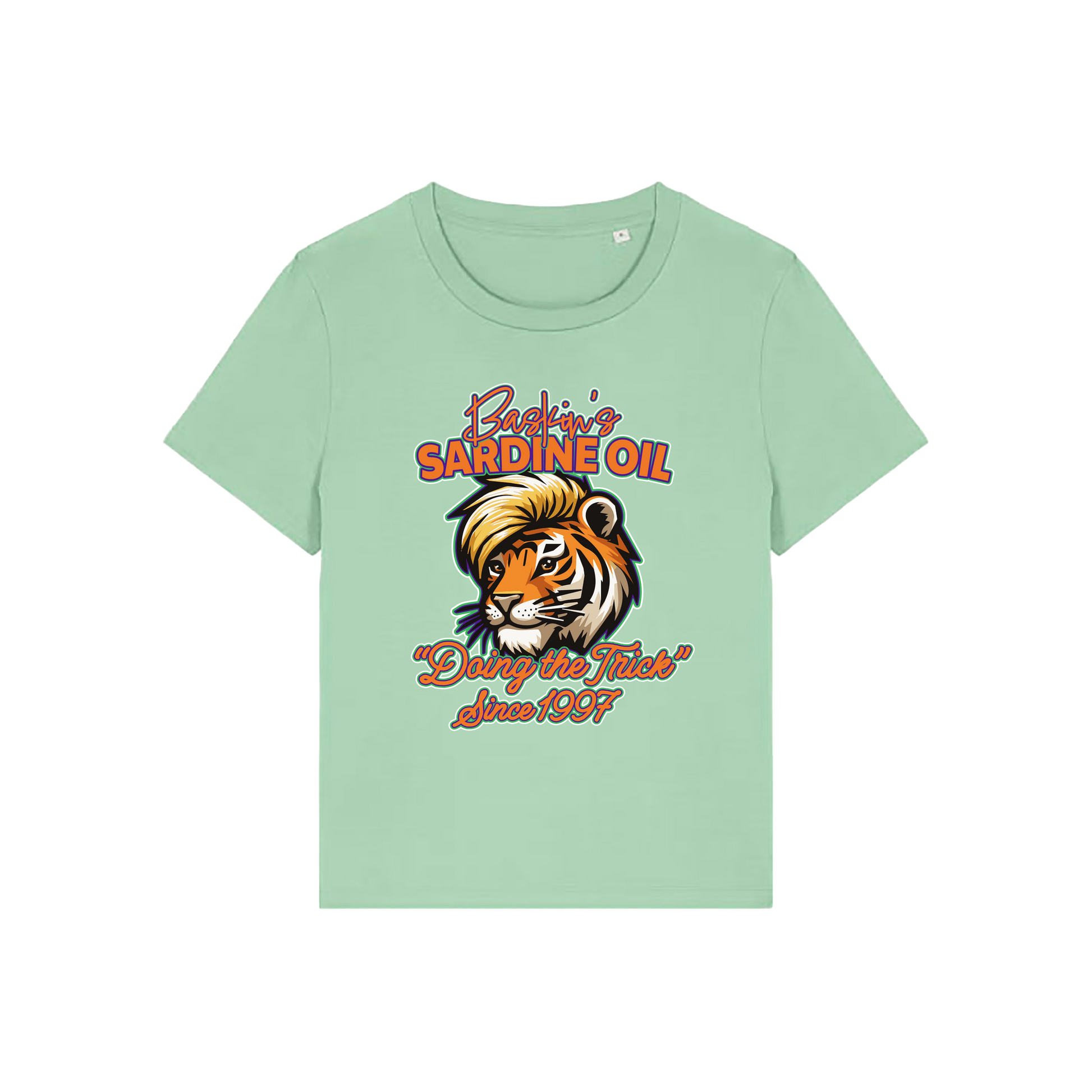 green funny graphic t-shirt inspired by the docu series tiger king featuring the graphic of a iger and the slogan 'baskins sardine oil'