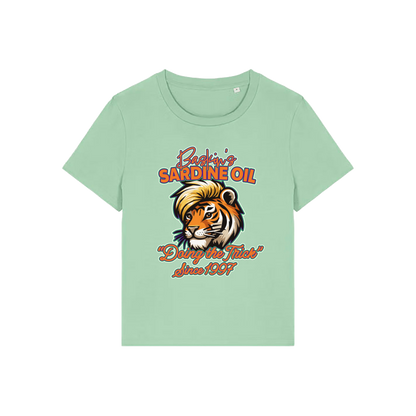 green funny graphic t-shirt inspired by the docu series tiger king featuring the graphic of a iger and the slogan 'baskins sardine oil'