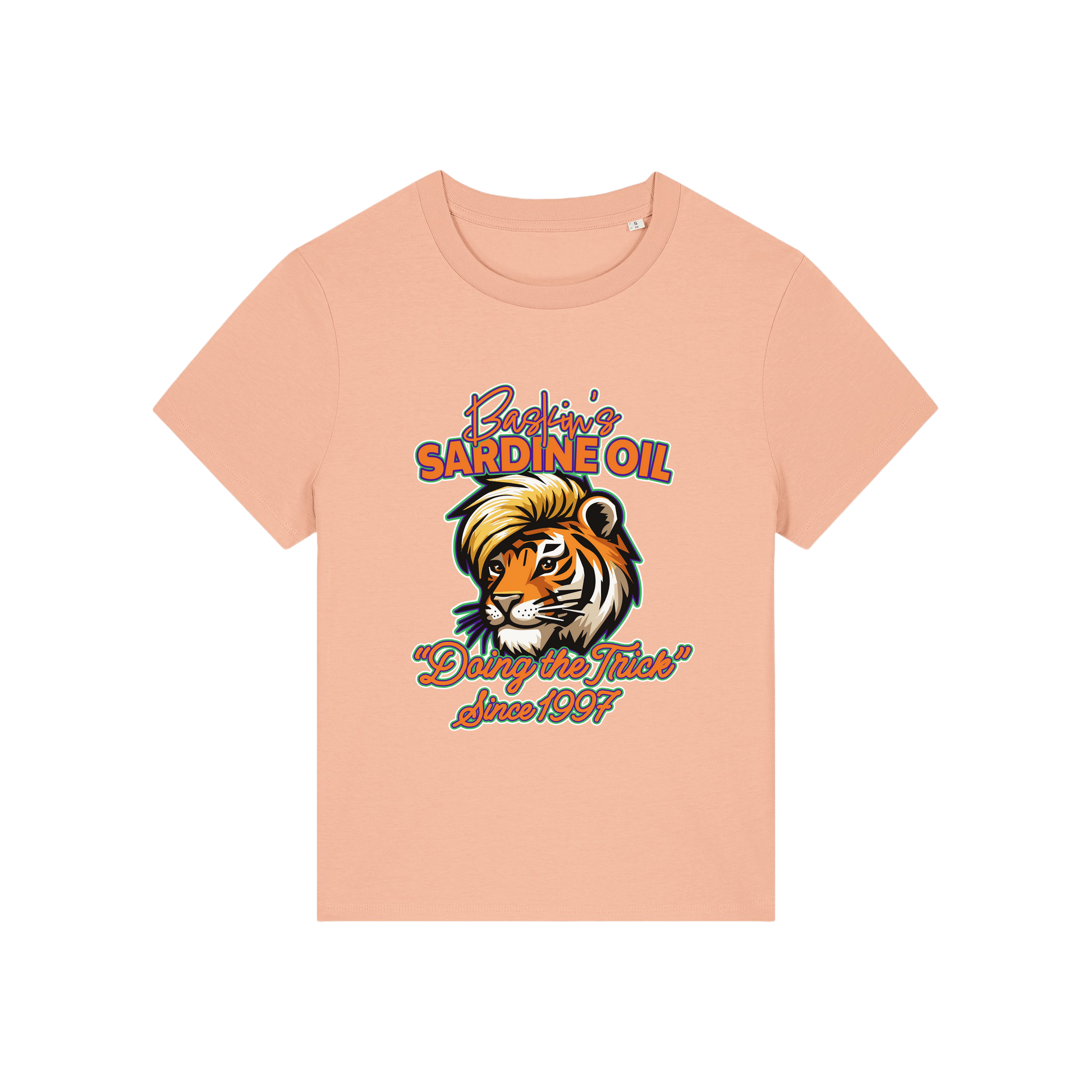 peach funny graphic t-shirt inspired by the docu series tiger king featuring the graphic of a iger and the slogan 'baskins sardine oil'