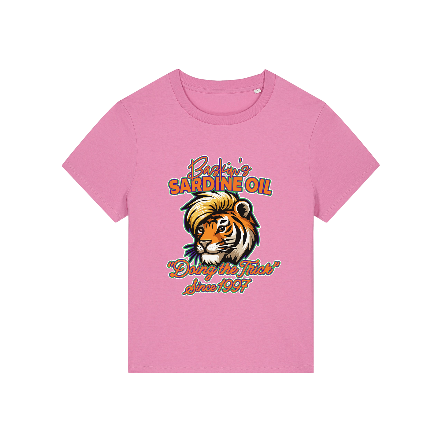 pink funny graphic t-shirt inspired by the docu series tiger king featuring the graphic of a iger and the slogan 'baskins sardine oil'