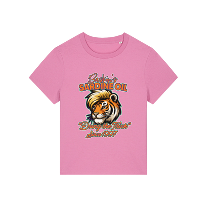 pink funny graphic t-shirt inspired by the docu series tiger king featuring the graphic of a iger and the slogan 'baskins sardine oil'