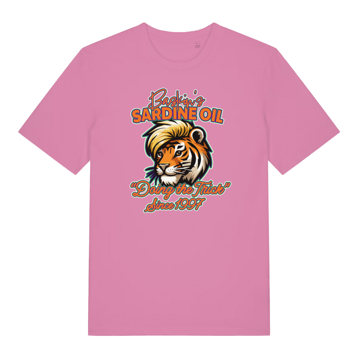 pink women's funny graphic t-shirt with a graphic tiger design and the slogan 'baskin's sardine oil'