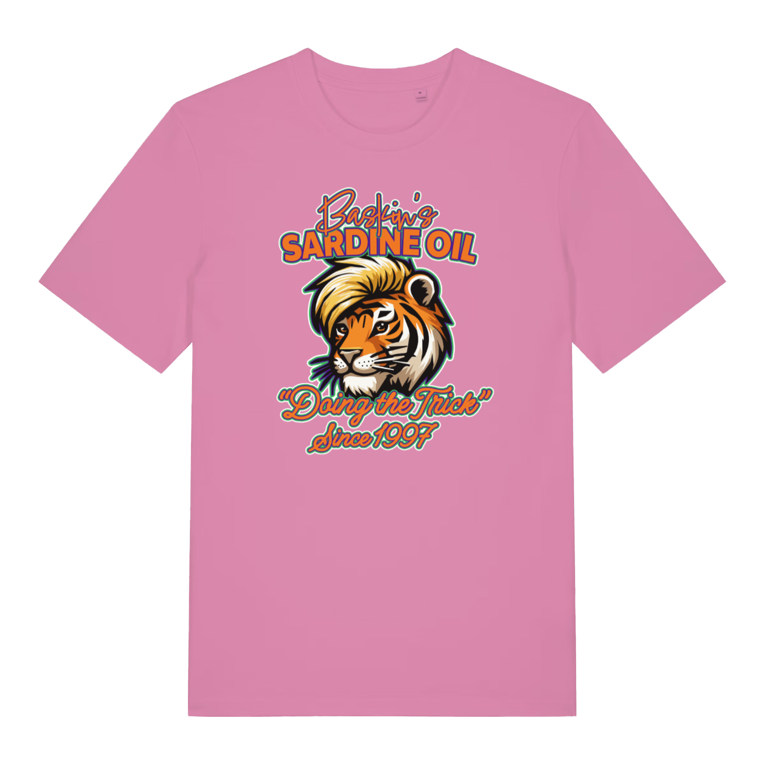 pink women's funny graphic t-shirt with a graphic tiger design and the slogan 'baskin's sardine oil'