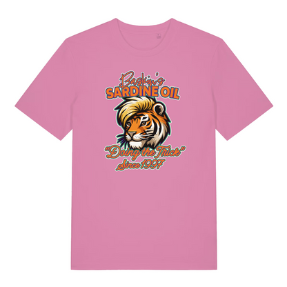 pink women's funny graphic t-shirt with a graphic tiger design and the slogan 'baskin's sardine oil'