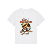 white funny graphic t-shirt inspired by the docu series tiger king featuring the graphic of a iger and the slogan 'baskins sardine oil'