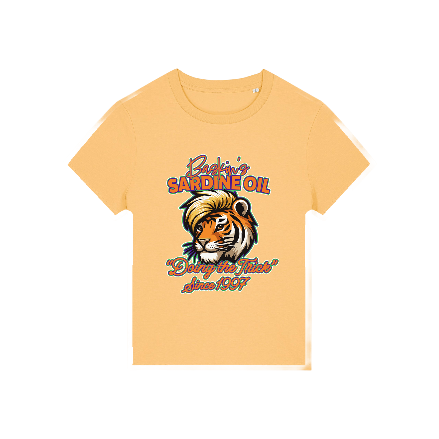 yellow funny graphic t-shirt inspired by the docu series tiger king featuring the graphic of a iger and the slogan 'baskins sardine oil'