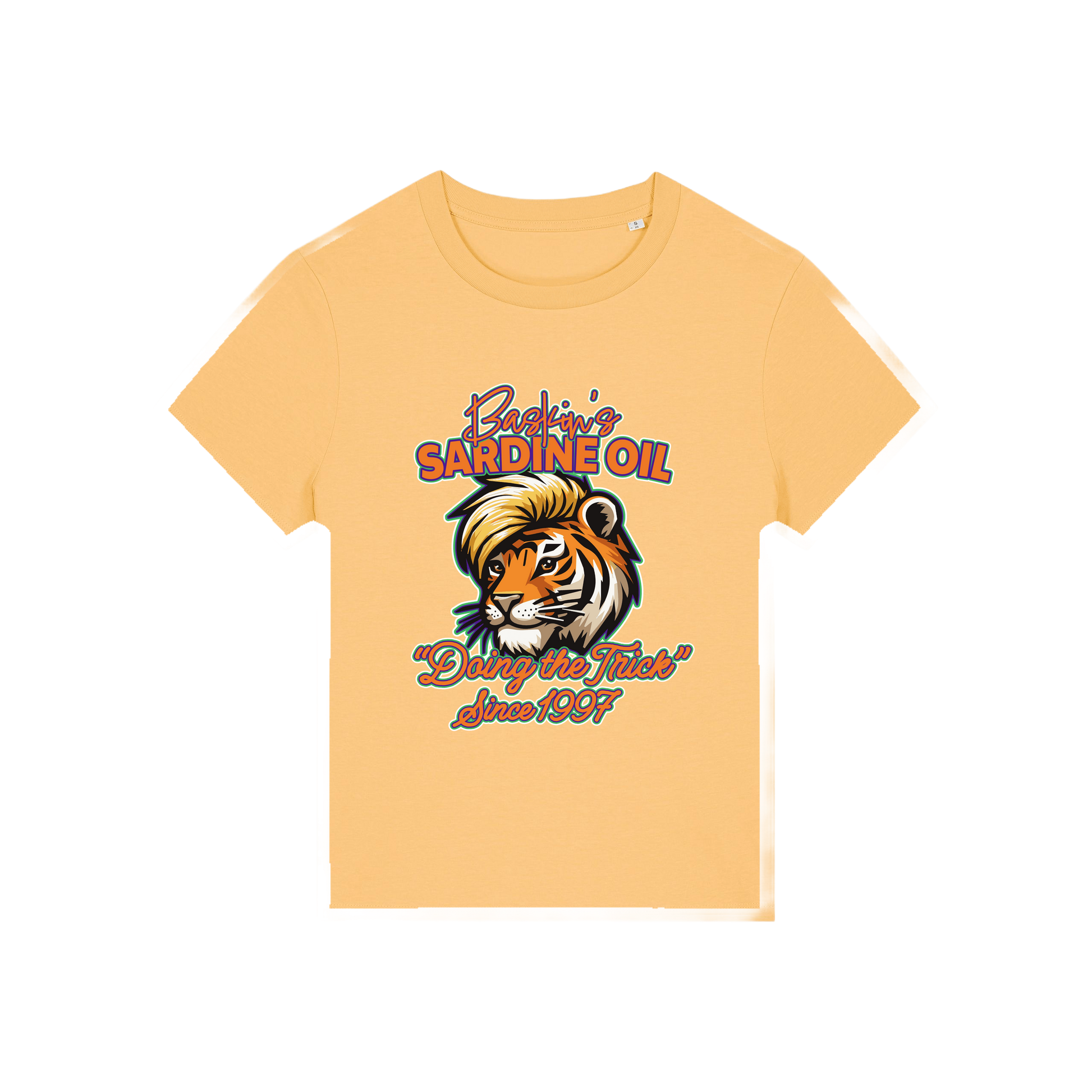 yellow funny graphic t-shirt inspired by the docu series tiger king featuring the graphic of a iger and the slogan 'baskins sardine oil'