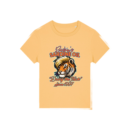 yellow funny graphic t-shirt inspired by the docu series tiger king featuring the graphic of a iger and the slogan 'baskins sardine oil'