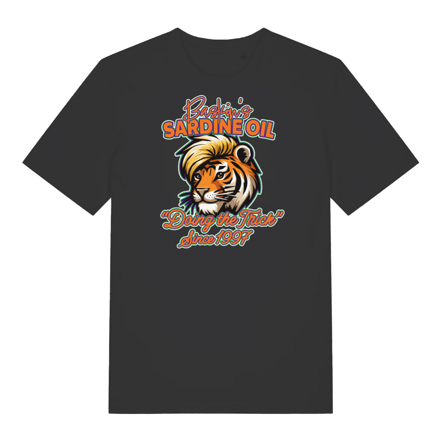 black funny graphic t-shirt with a tiger and the slogan 'baskin's sardine oil'