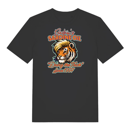 black funny graphic t-shirt with a tiger and the slogan 'baskin's sardine oil'