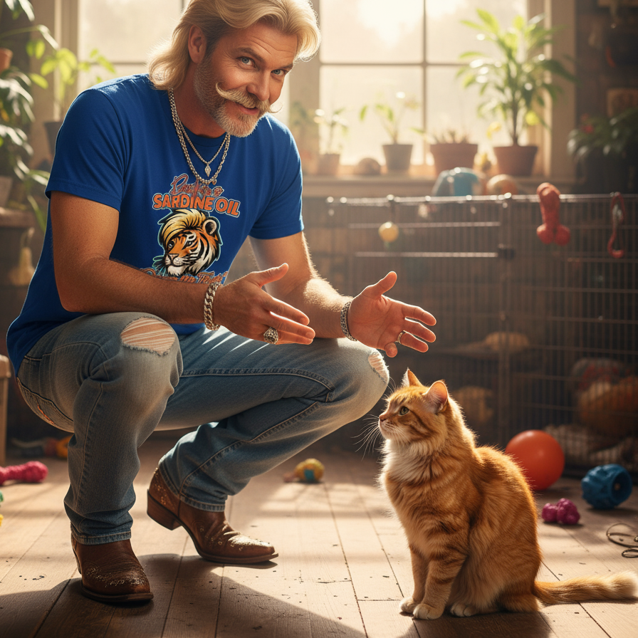 Man in blue t-shirt with tiger graphic interacting with a cat in a room with plants and cages.