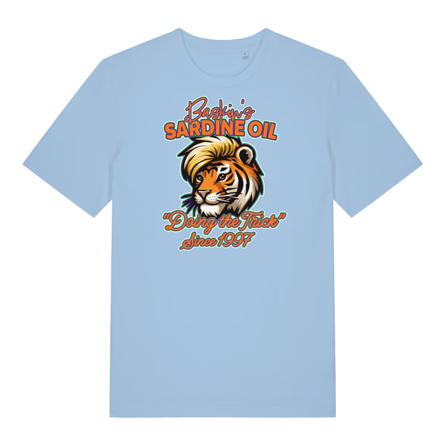 light blue funny graphic t-shirt with a tiger and the slogan 'baskin's sardine oil'