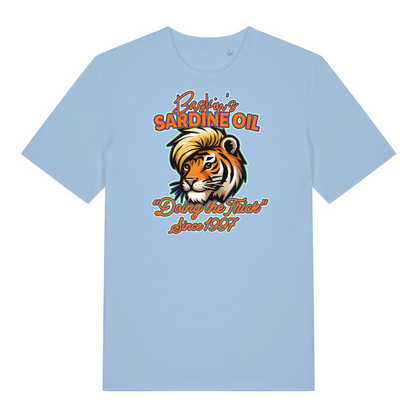 light blue funny graphic t-shirt with a tiger and the slogan 'baskin's sardine oil'