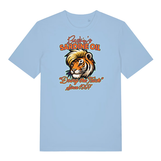 light blue funny graphic t-shirt with a tiger and the slogan 'baskin's sardine oil'