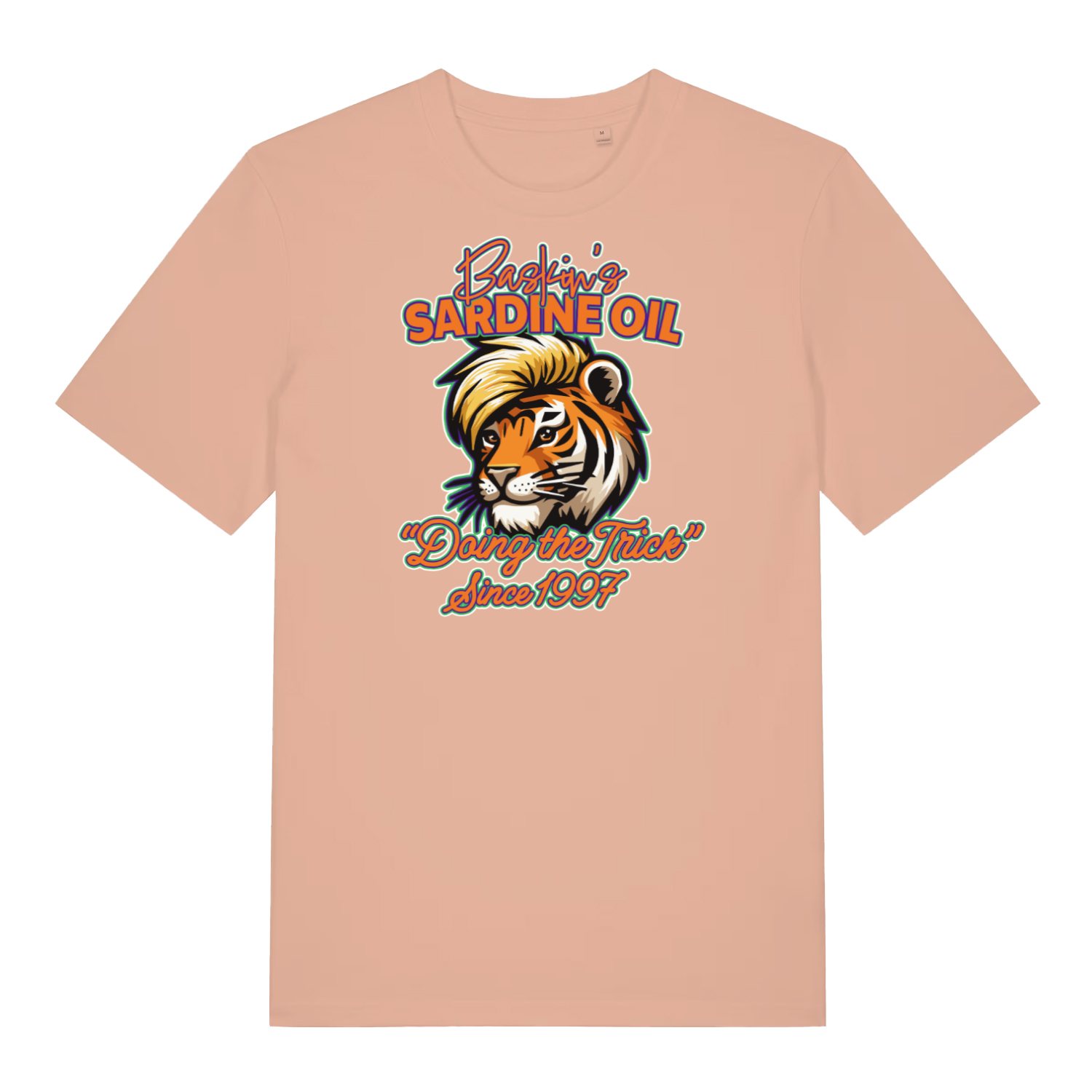 peach funny graphic t-shirt with a tiger and the slogan 'baskin's sardine oil'