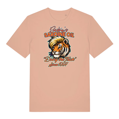 peach funny graphic t-shirt with a tiger and the slogan 'baskin's sardine oil'