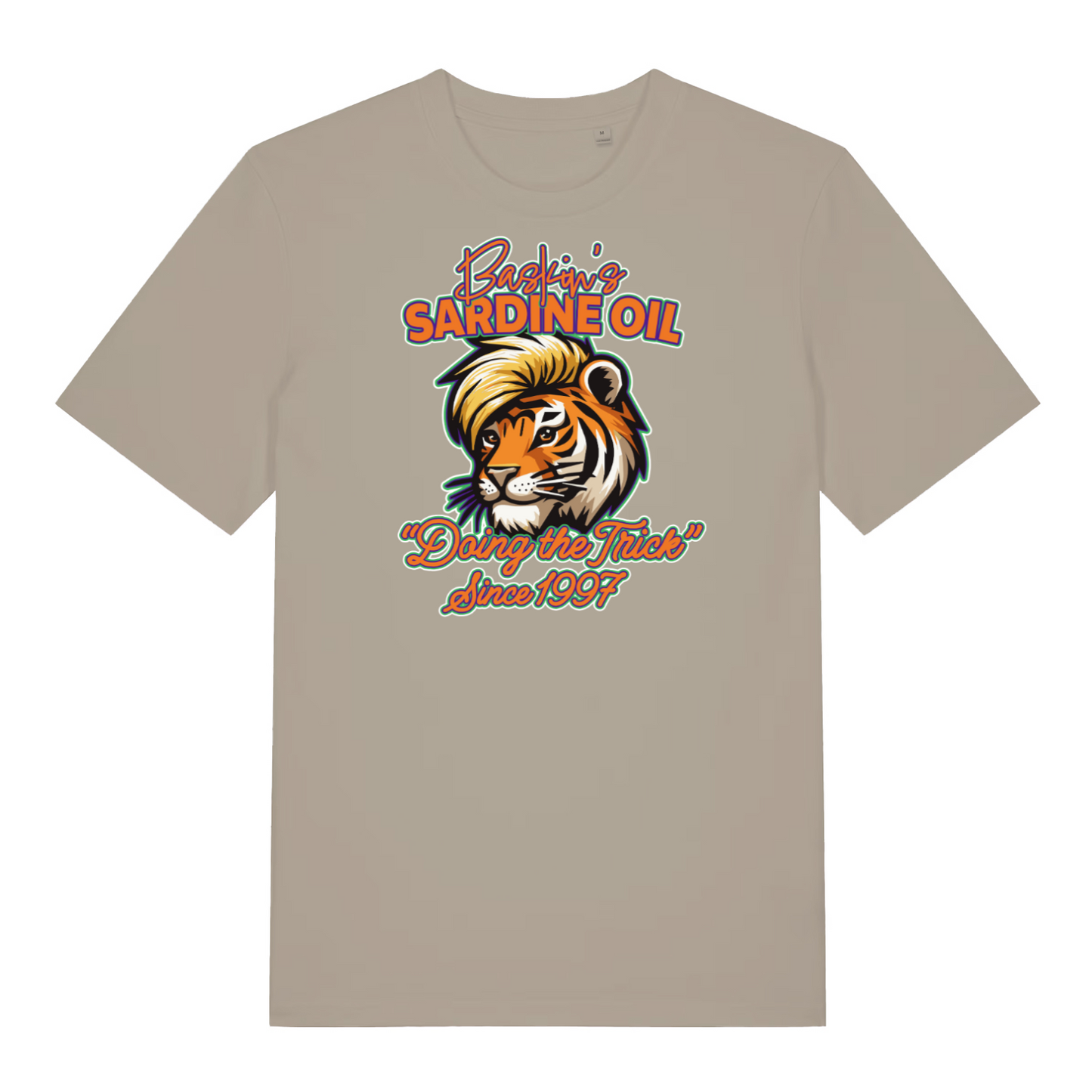 stone funny graphic t-shirt with a tiger and the slogan 'baskin's sardine oil'