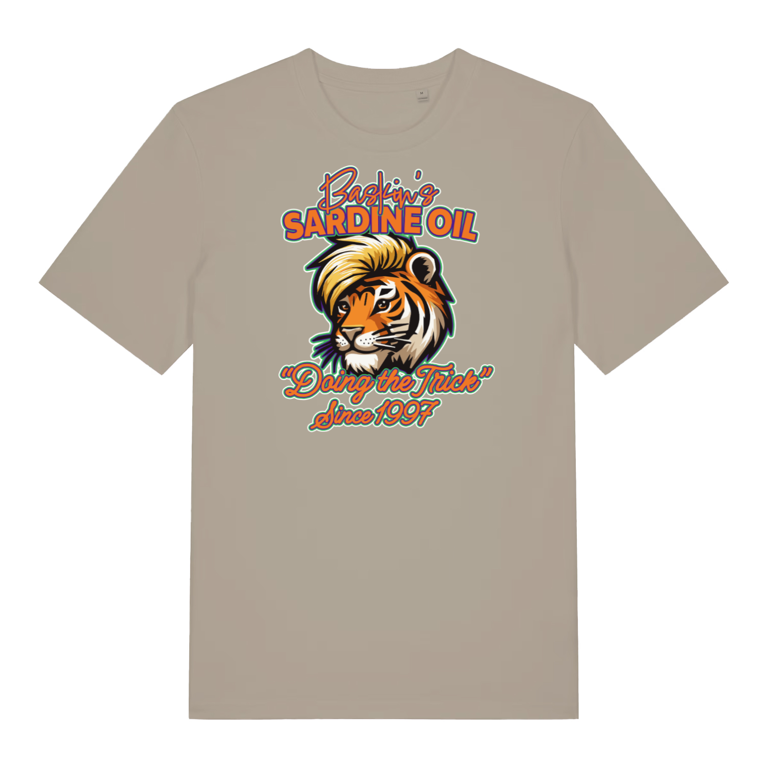 stone funny graphic t-shirt with a tiger and the slogan 'baskin's sardine oil'