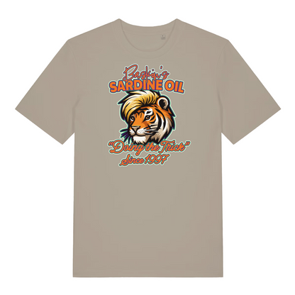 stone funny graphic t-shirt with a tiger and the slogan 'baskin's sardine oil'