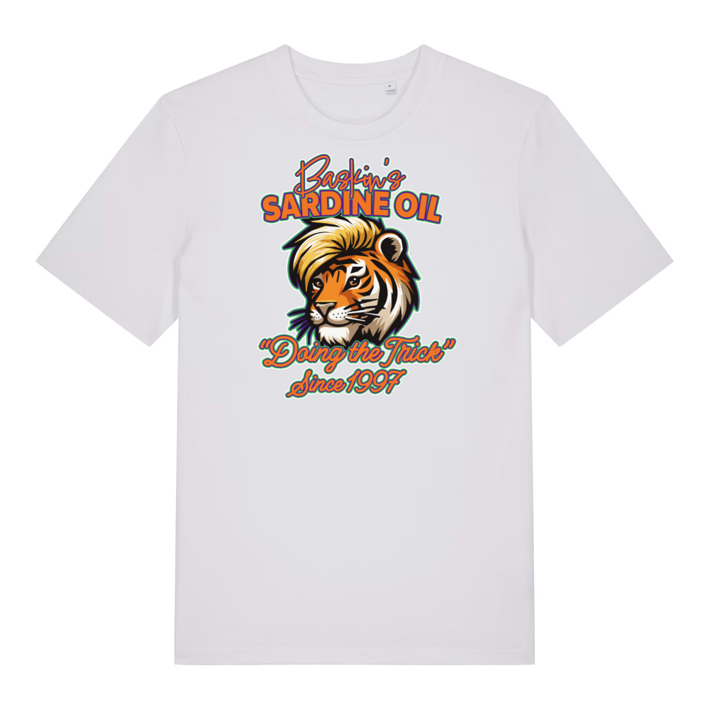 white funny graphic t-shirt with a tiger and the slogan 'baskin's sardine oil'