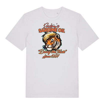 white funny graphic t-shirt with a tiger and the slogan 'baskin's sardine oil'