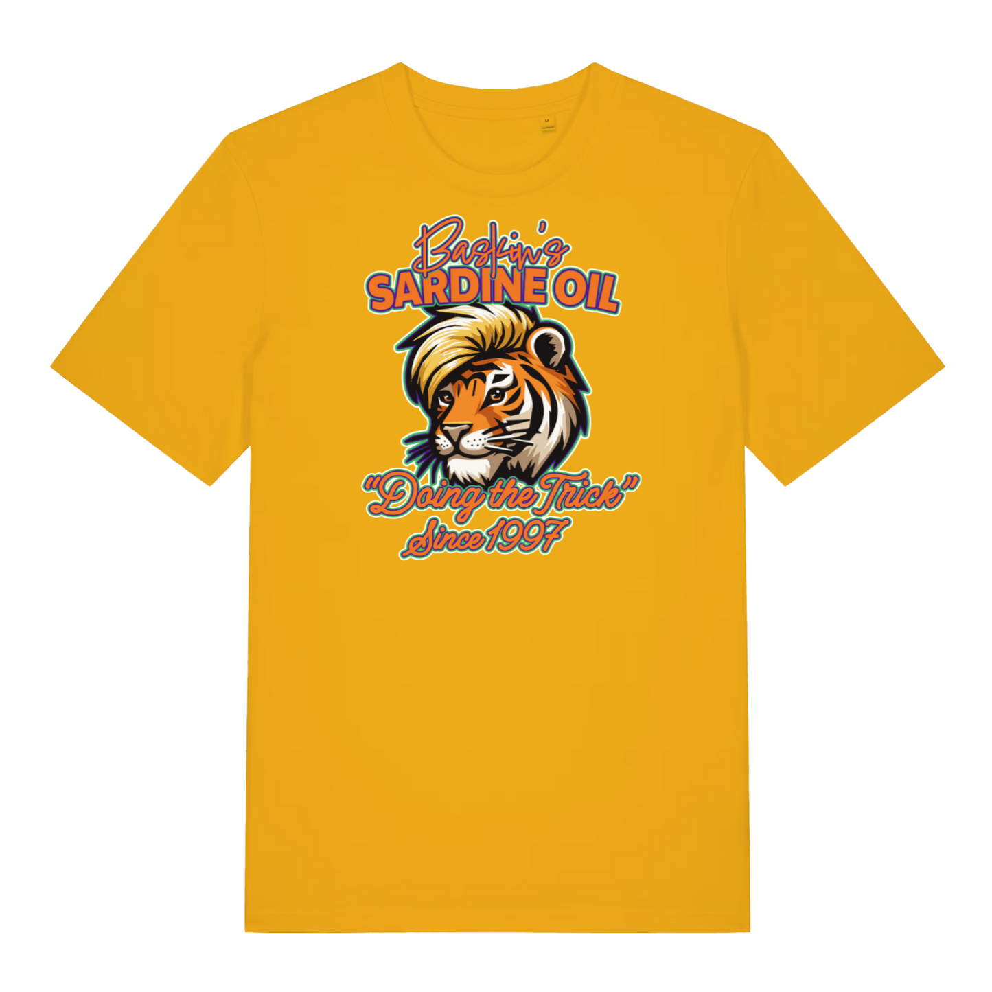 yellow funny graphic t-shirt with a tiger and the slogan 'baskin's sardine oil'
