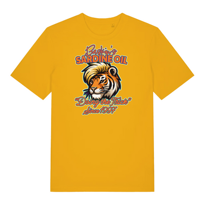 yellow funny graphic t-shirt with a tiger and the slogan 'baskin's sardine oil'
