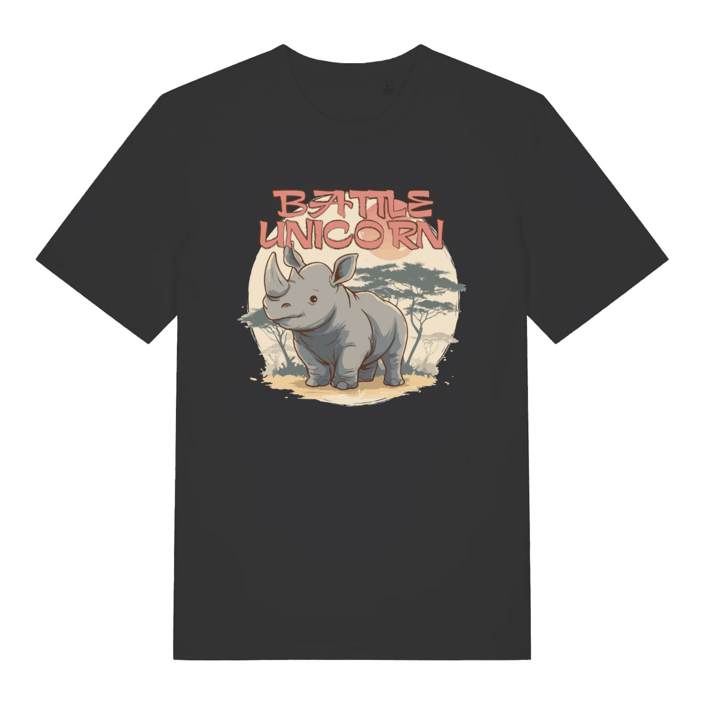 black women's funny animal t-shirt with the graphic of a rhino and the slogan 'battle unicorn'