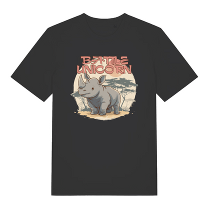 black women's funny animal t-shirt with the graphic of a rhino and the slogan 'battle unicorn'