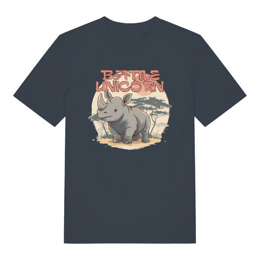 navy women's funny animal t-shirt with the graphic of a rhino and the slogan 'battle unicorn'