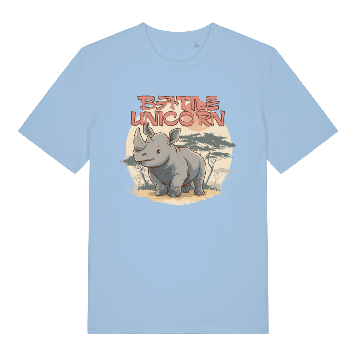 light blue women's funny animal t-shirt with the graphic of a rhino and the slogan 'battle unicorn'