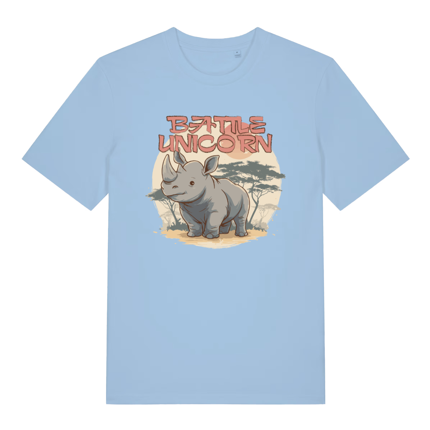 light blue women's funny animal t-shirt with the graphic of a rhino and the slogan 'battle unicorn'