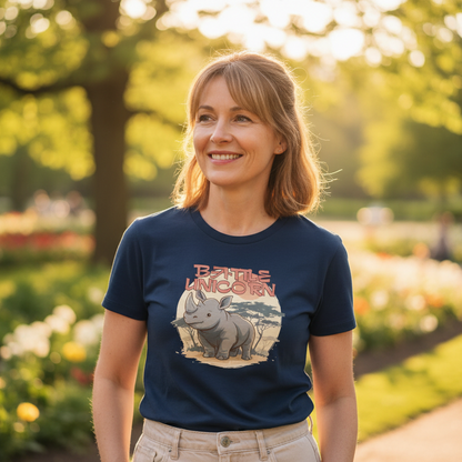 Woman wearing a navy blue t-shirt with a graphic design of a rhino and text, standing in a park.