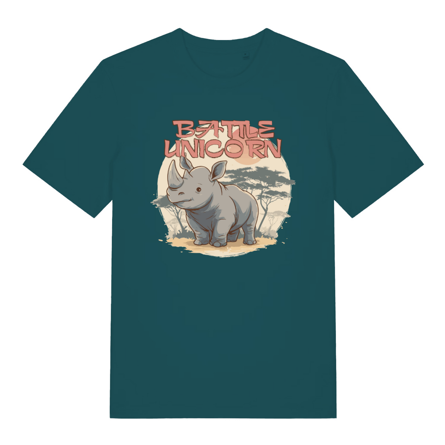 teal women's funny animal t-shirt with the graphic of a rhino and the slogan 'battle unicorn'