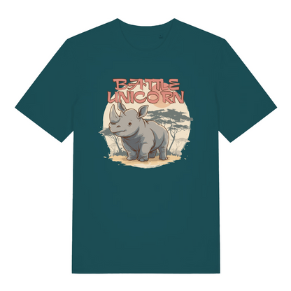 teal women's funny animal t-shirt with the graphic of a rhino and the slogan 'battle unicorn'