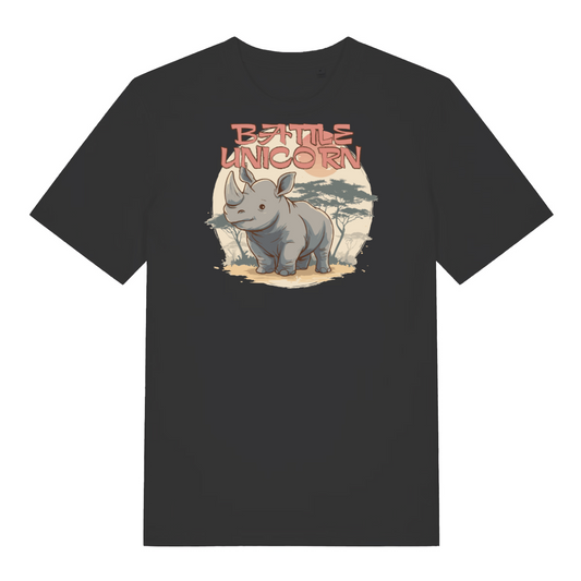 black funny animal t-shirt with the graphic of a rhino and the slogan 'battle unicorn'