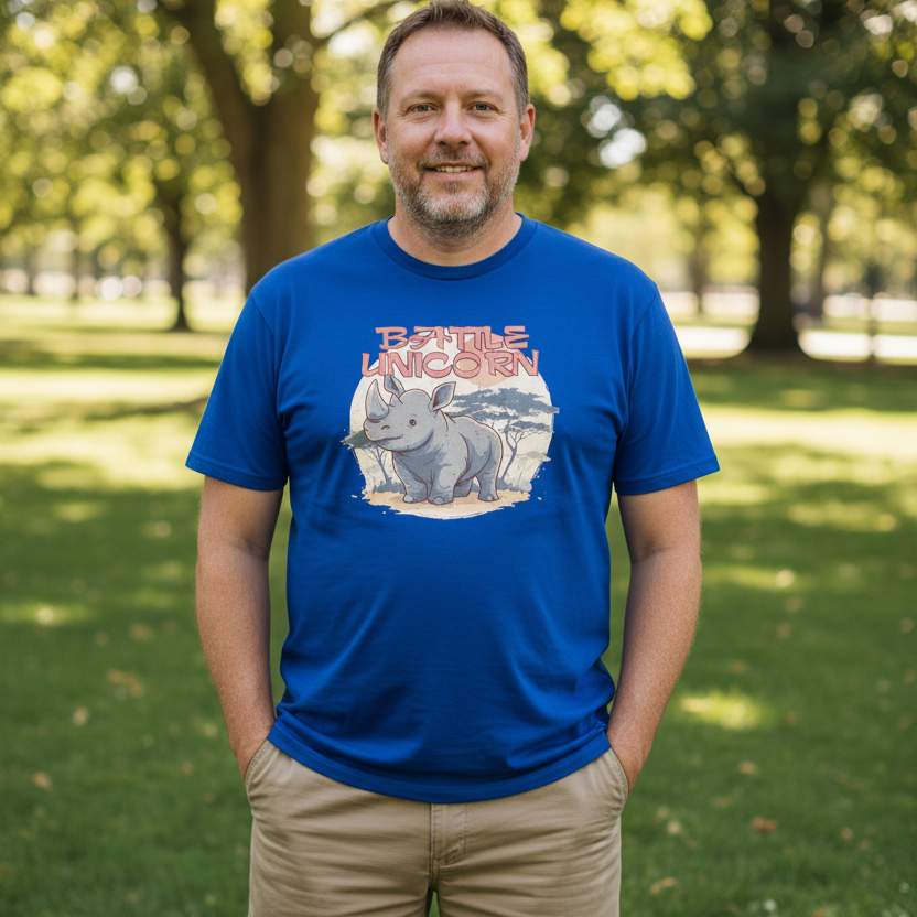 Man wearing a blue t-shirt with a graphic design of a rhino and unicorn, standing in a park.