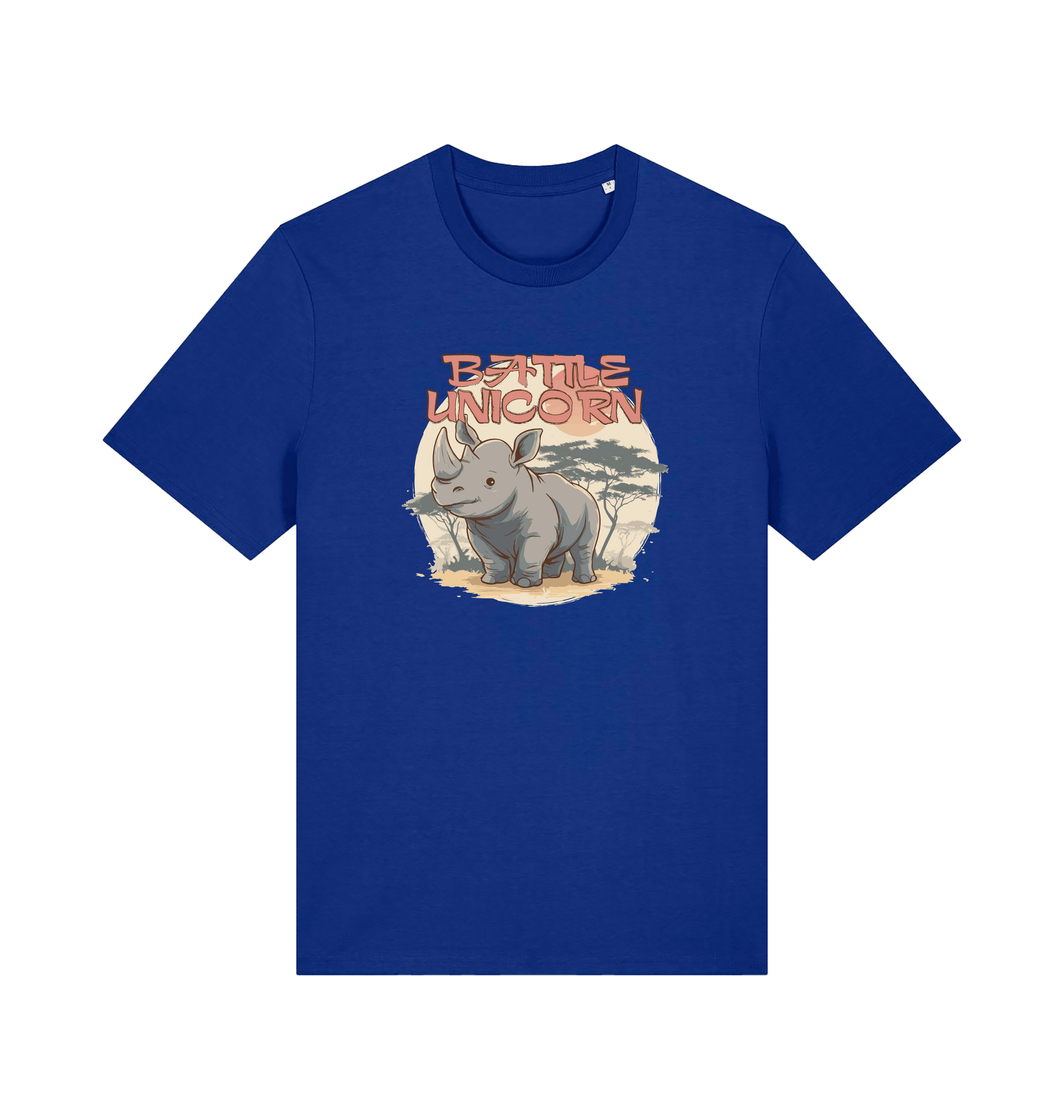 blue funny animal t-shirt with a graphic of a rhino and the slogan 'battle unicorn'