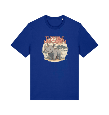 blue funny animal t-shirt with a graphic of a rhino and the slogan 'battle unicorn'