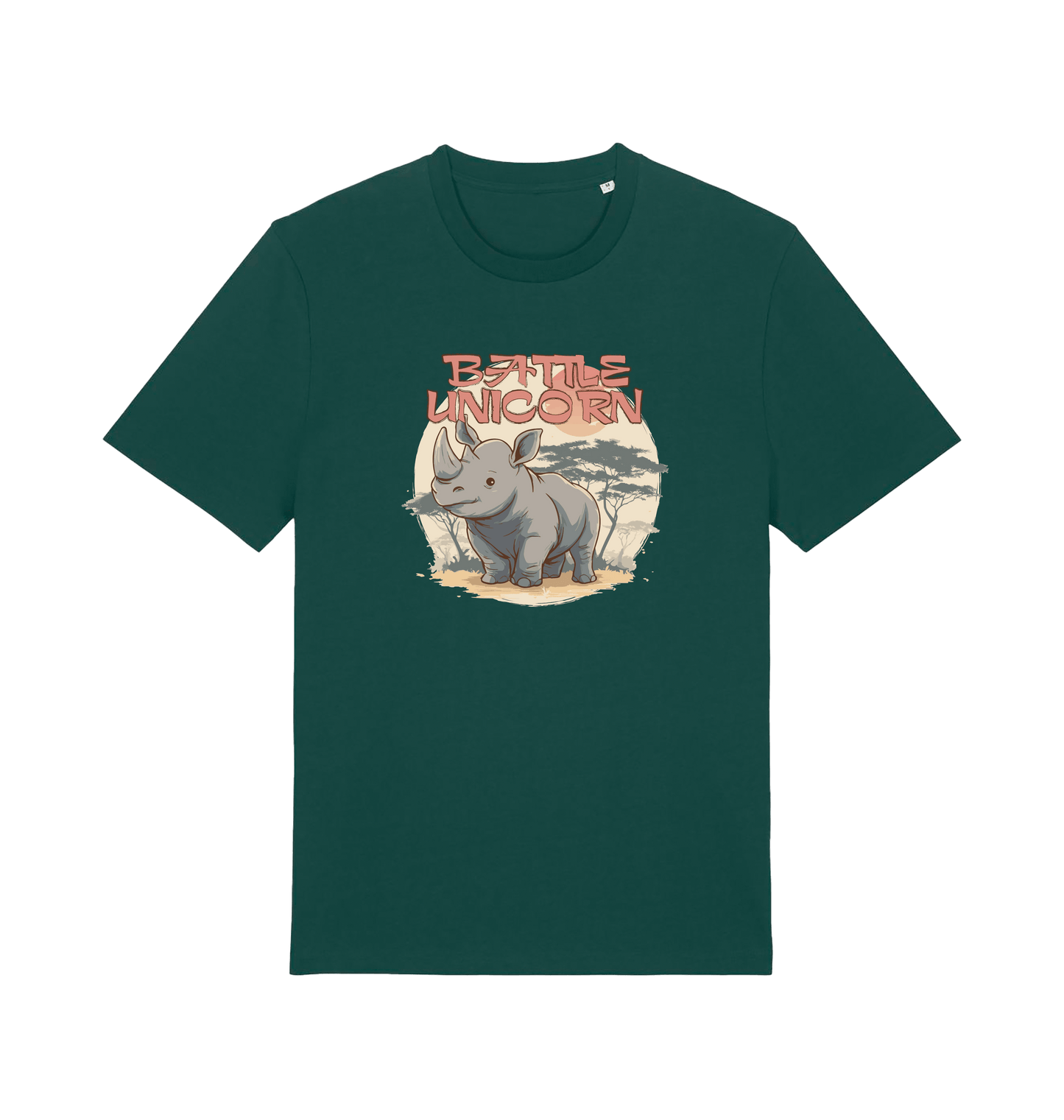 green funny animal t-shirt with a graphic of a rhino and the slogan 'battle unicorn'