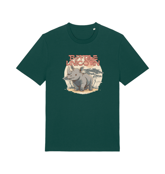 green funny animal t-shirt with a graphic of a rhino and the slogan 'battle unicorn'